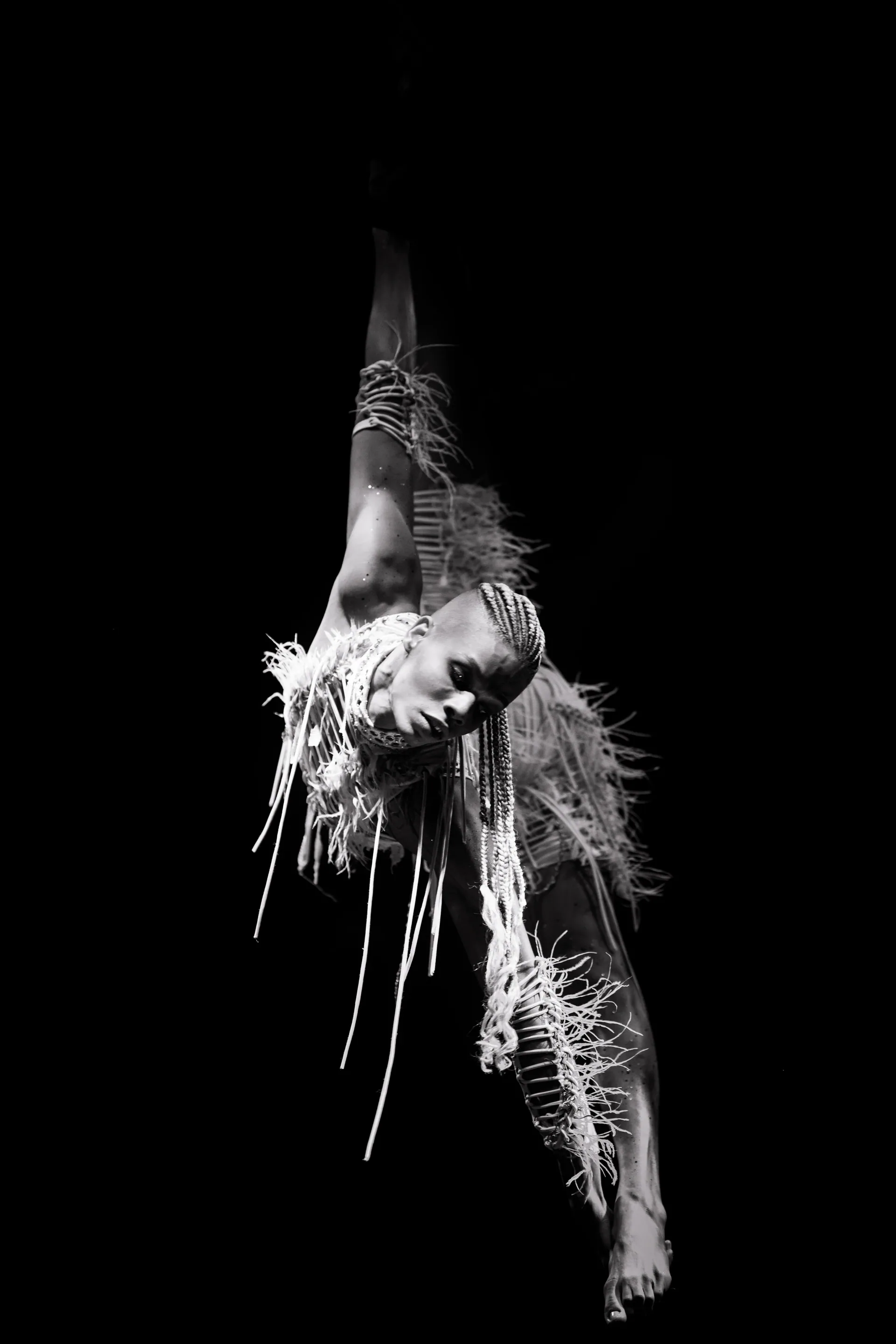Performer hangs upside down in a fringed costume.