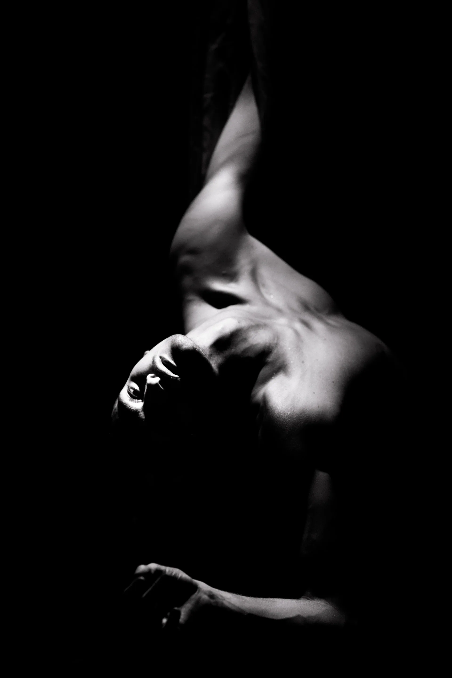Silhouetted performer curls within suspended fabric.