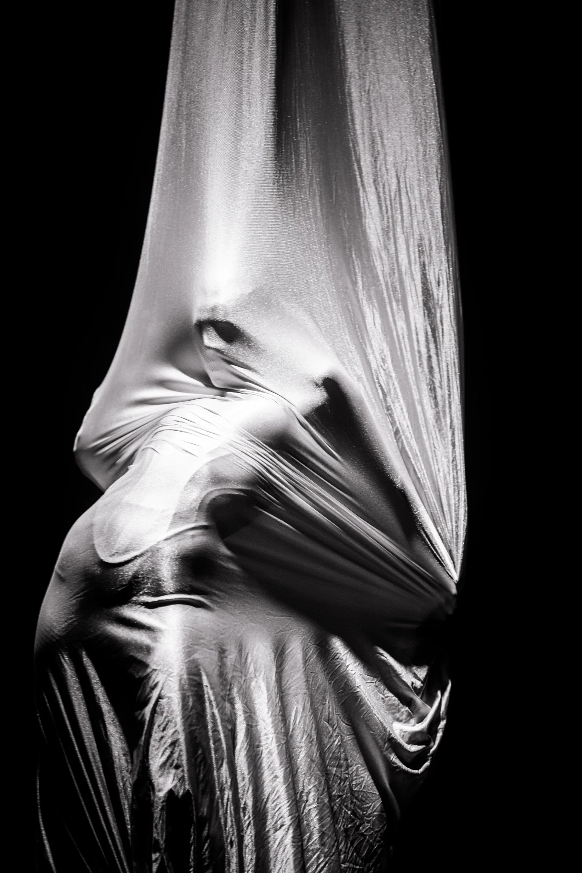 Performer sits enveloped by gathered aerial silk.