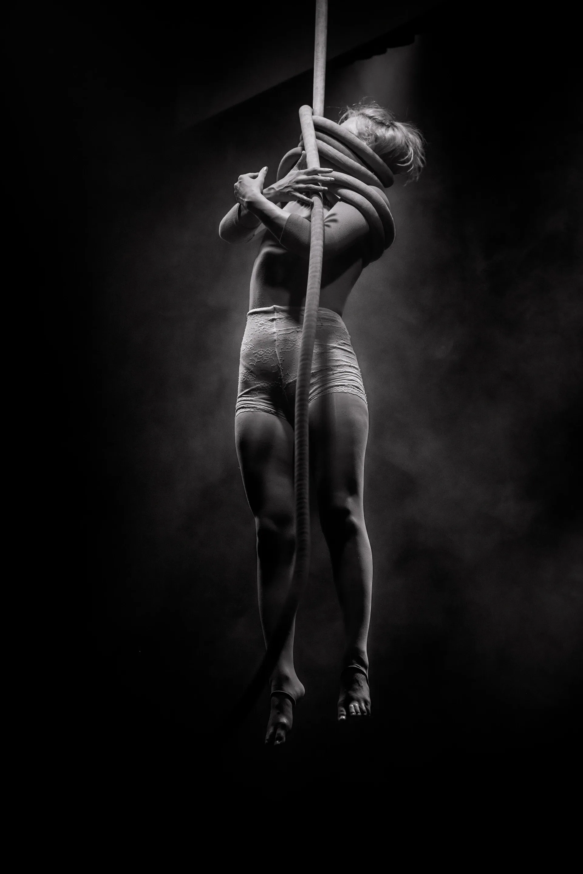 Performer climbs a vertical rope with arms and legs wrapped around it.