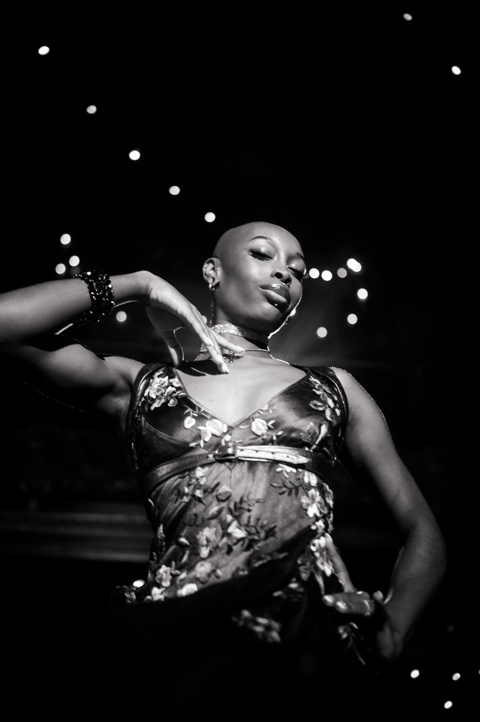 Performer in an ornate dress poses beneath strings of lights.