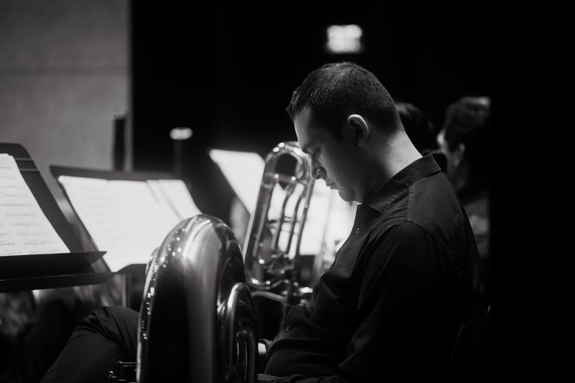 Brass musician reads sheet music while holding a large horn.
