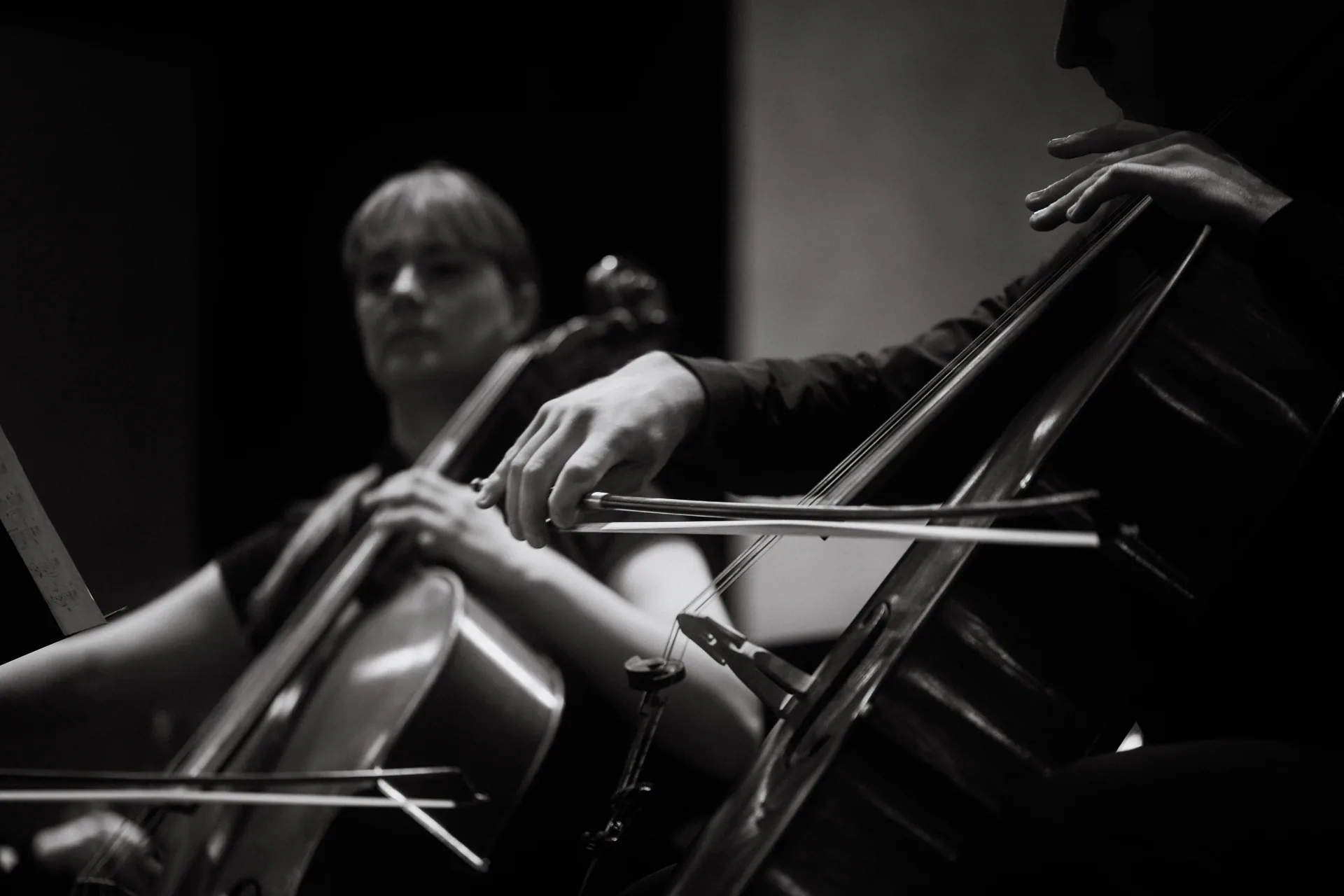 Close view of cellists' hands and bows moving across their instruments.