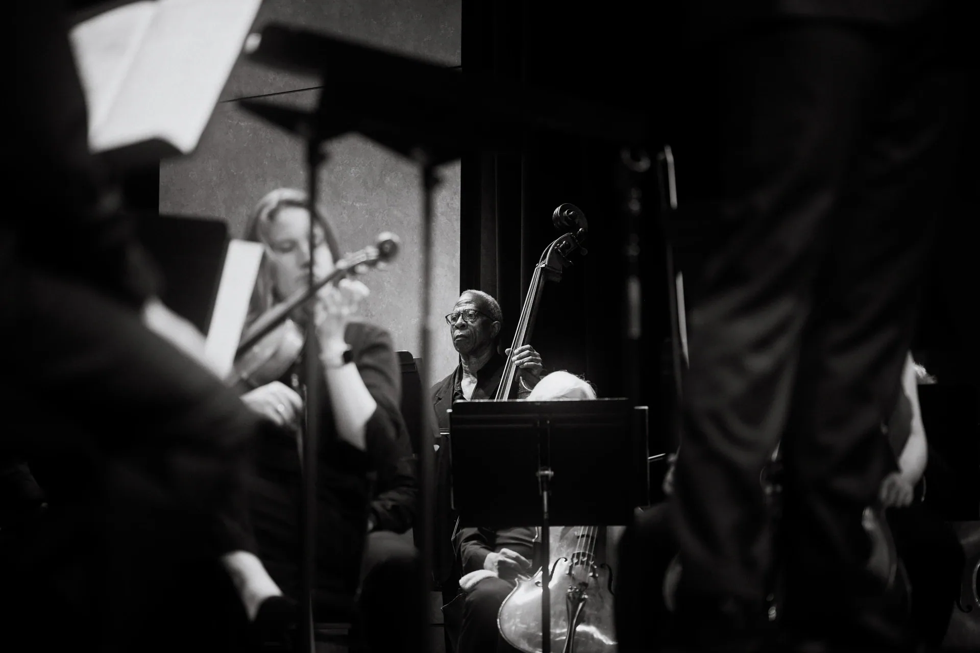 Orchestra musicians and music stands are seen from a low side angle.