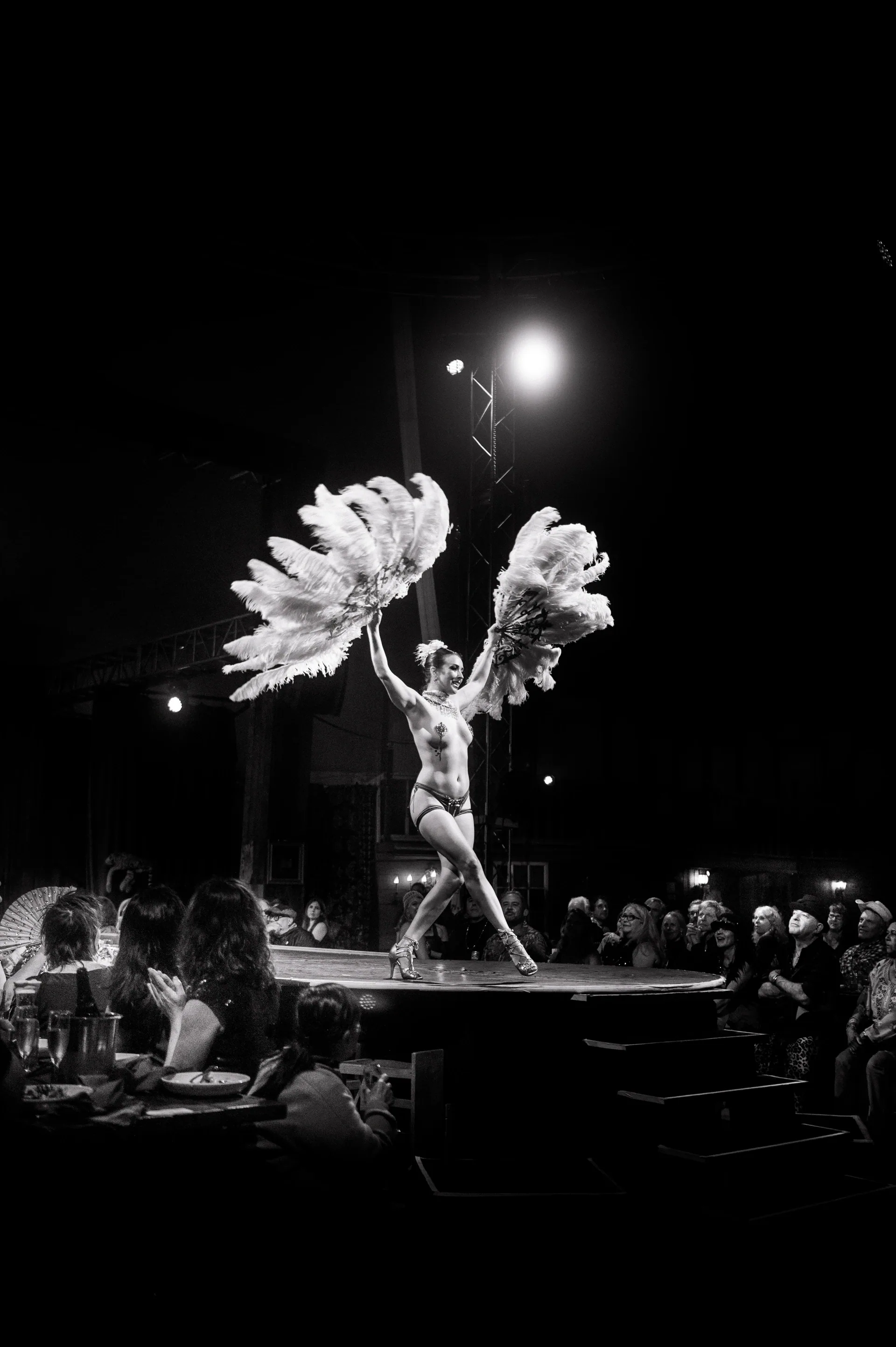 Performer in a large feathered costume poses beneath a bright light.