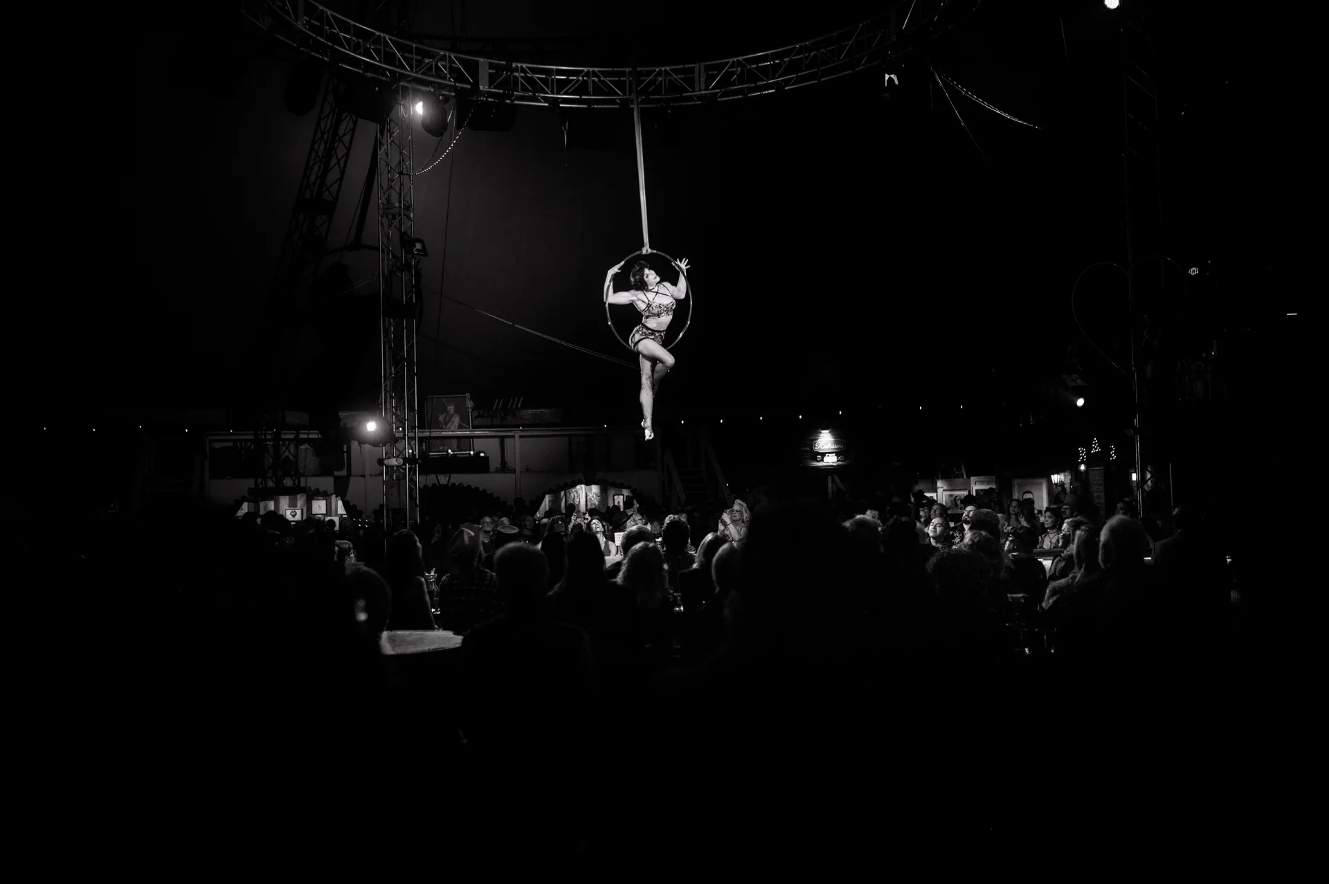 Aerialist hangs high above the crowd from a suspended apparatus.