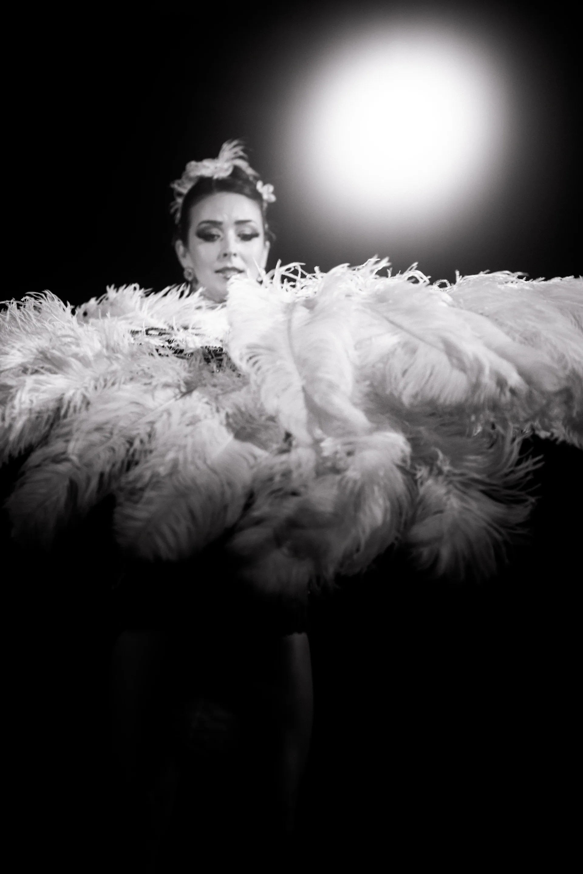 Performer looks over the top of a large feather fan.