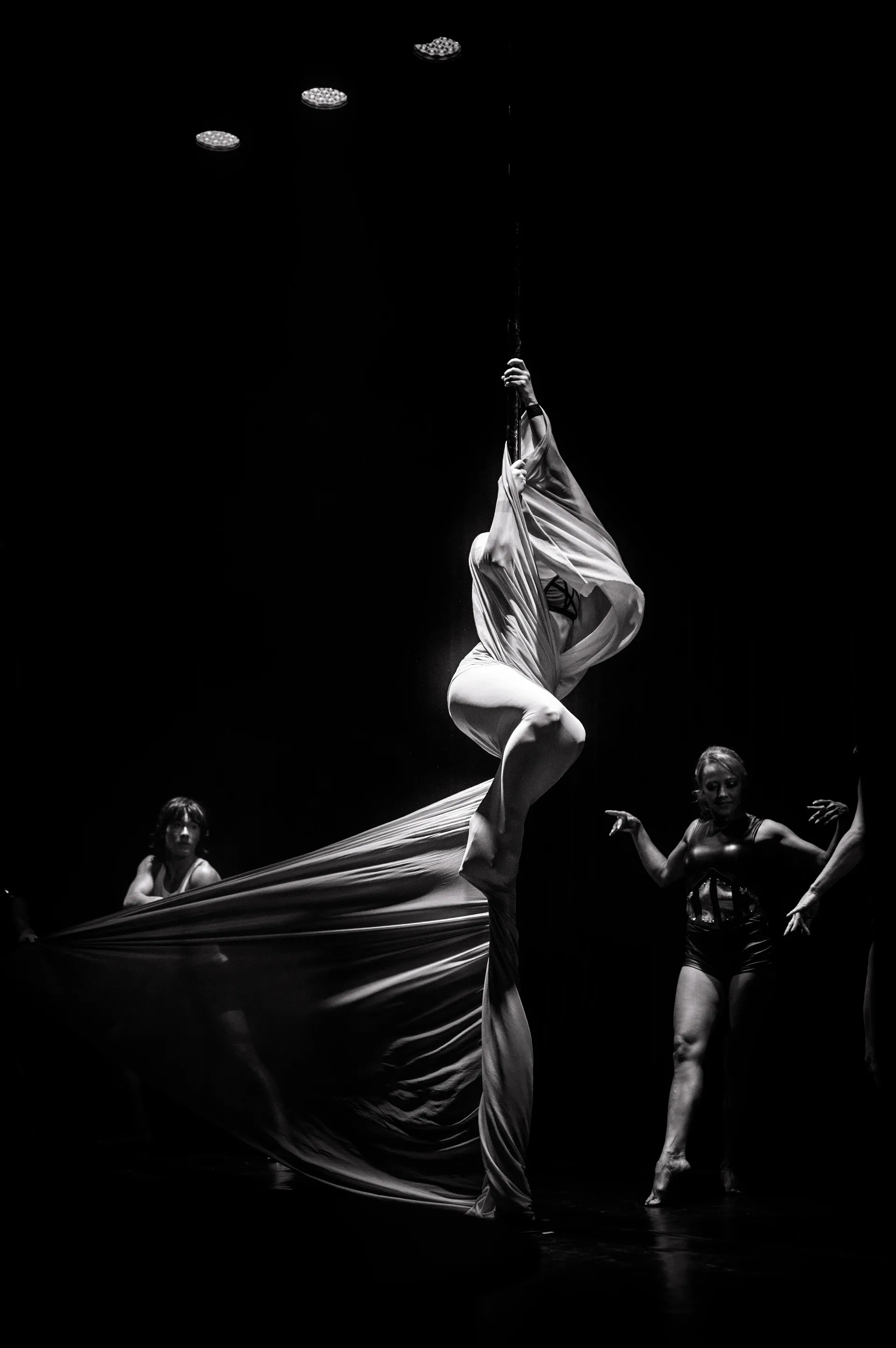 Performer lifts long flowing fabric beside a vertical pole.
