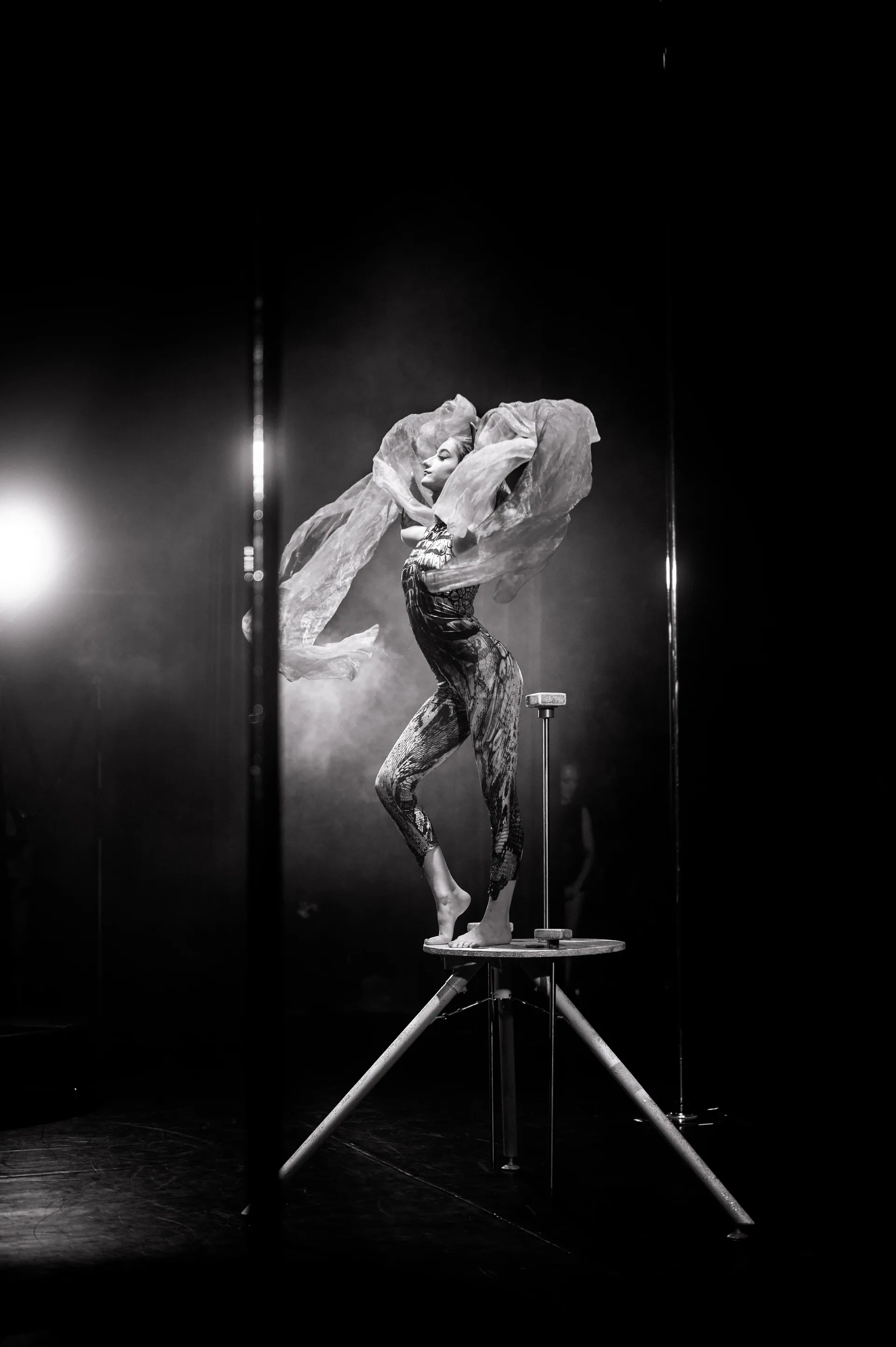 Performer stands on a small raised platform while sweeping translucent fabric around the head.